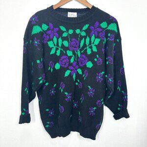 Vintage 80s Women's Size Medium Crewneck Black Purple Metallic Floral Sweater